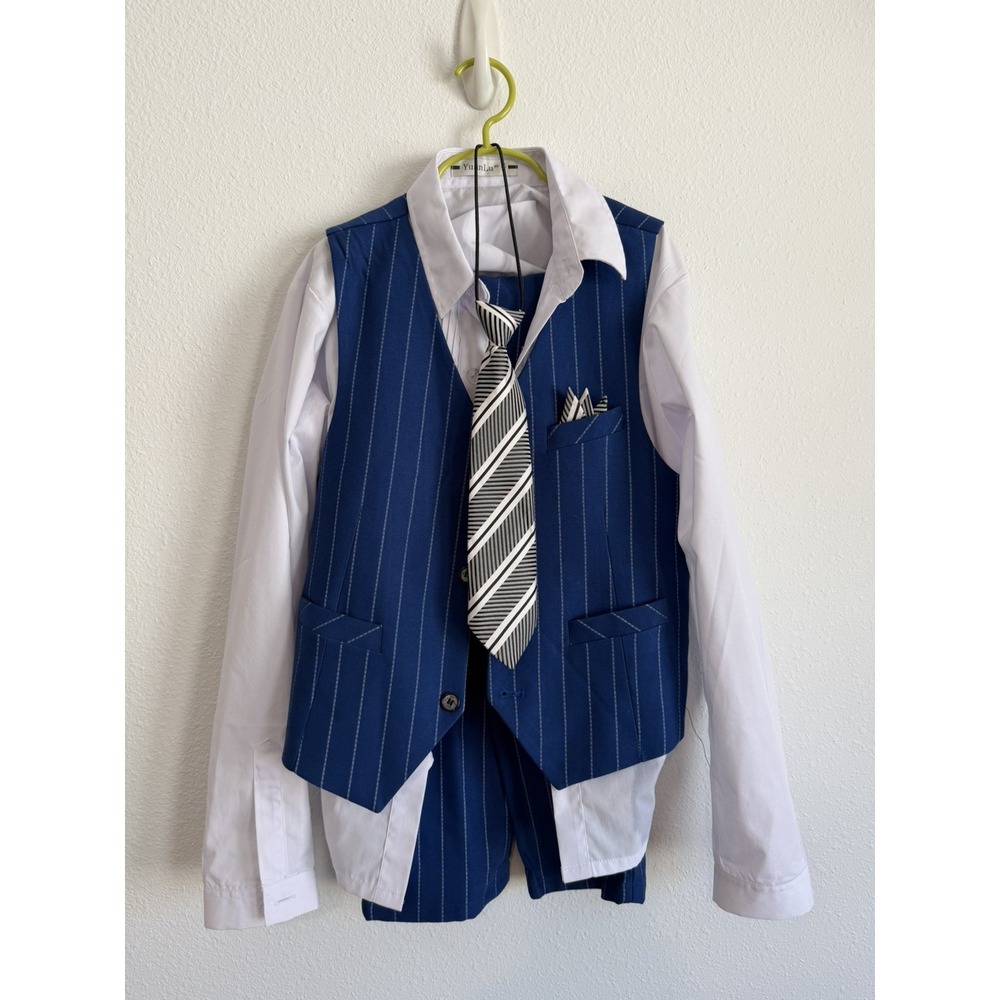 Yuan Lu boys 4 Piece Suit Set 12 Blue Pinstripe Pants Shirt Vest Tie